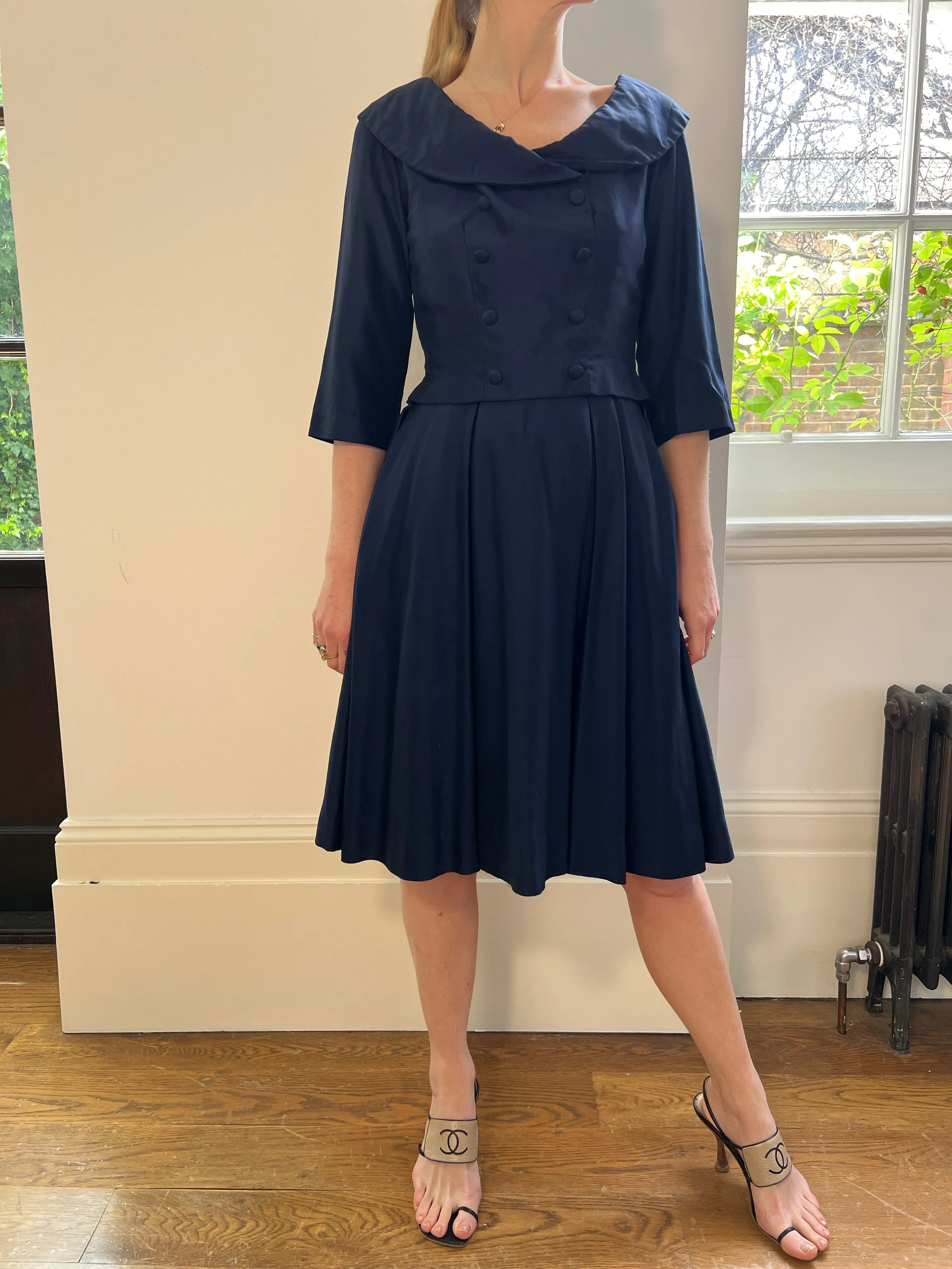 1950s Harrods Navy Double Breasted Dress