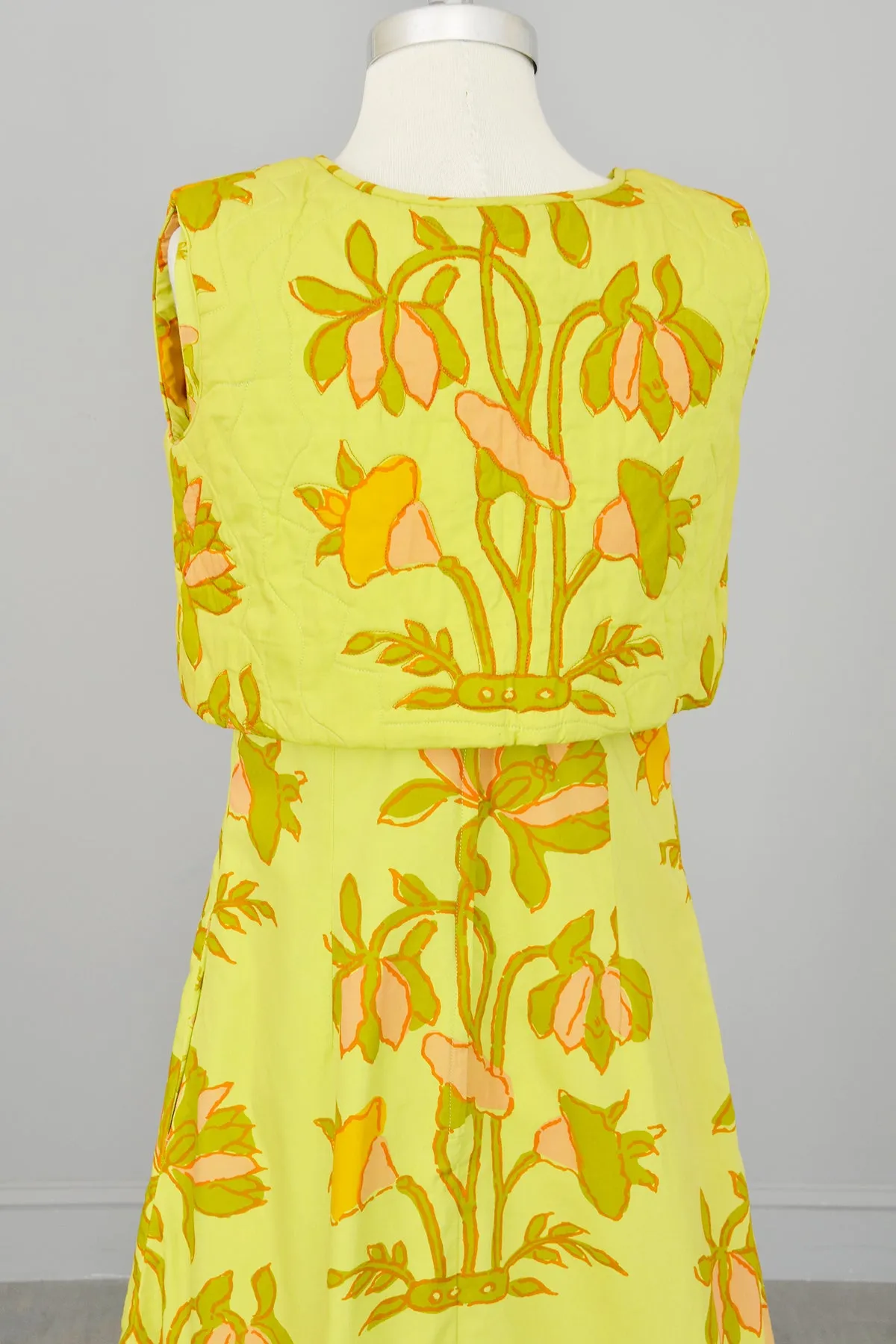 1960s Chartreuse Op Art Tropical Floral Print A-Line Mini Dress and Quilted Cropped Vest | Design Thai Bangkok | 1960s Mini Dress