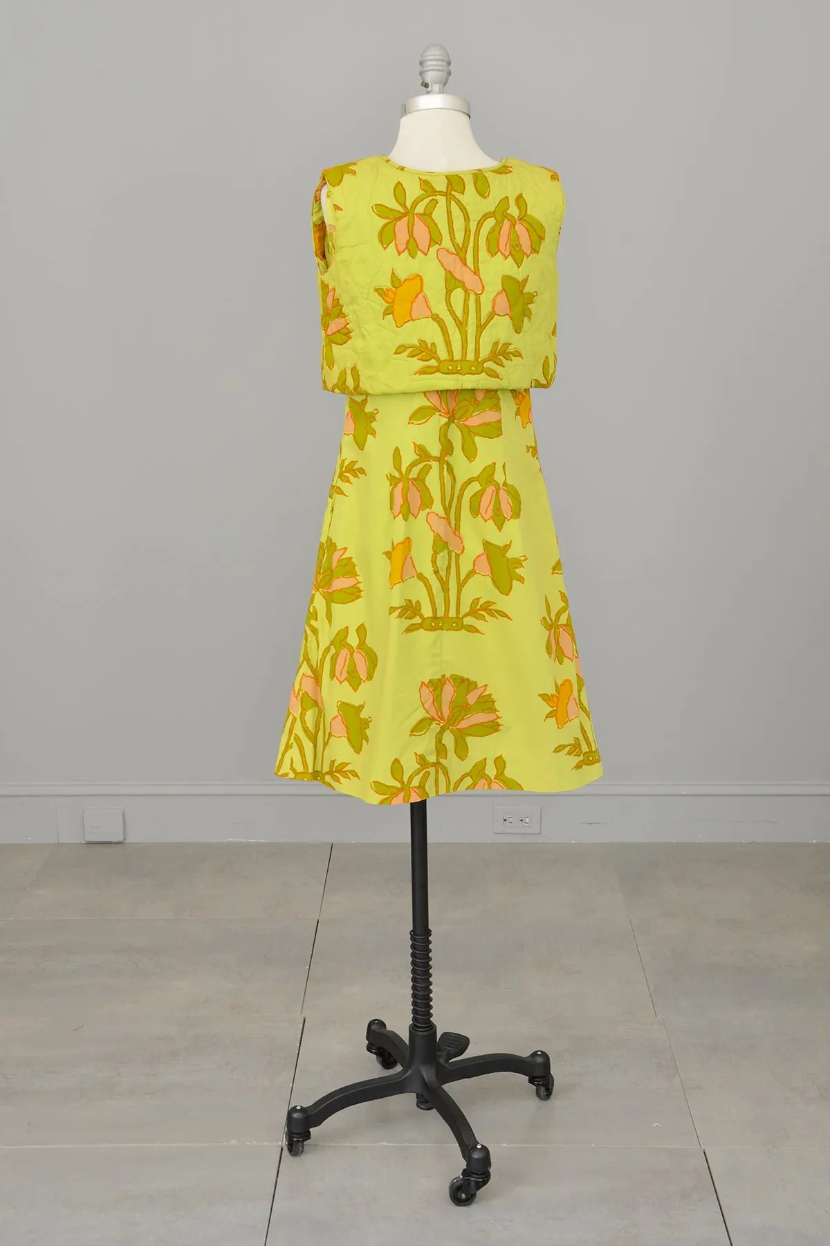 1960s Chartreuse Op Art Tropical Floral Print A-Line Mini Dress and Quilted Cropped Vest | Design Thai Bangkok | 1960s Mini Dress