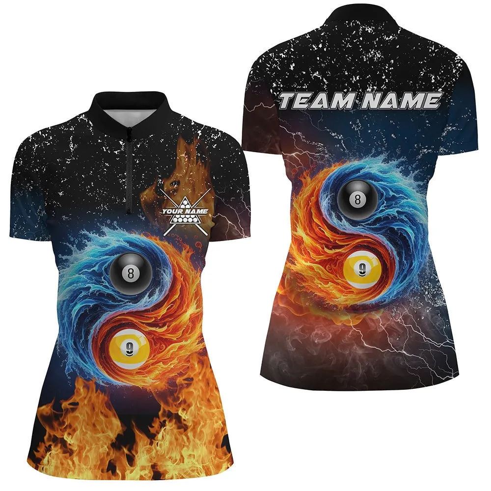 3D Billiard 8 Ball & 9 Ball Water Fire Customized Grunge Women Polo, 14 Zip Shirts, Billiard Jerseys, Billiard Gifts