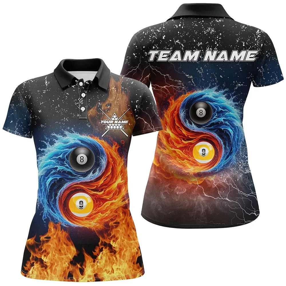 3D Billiard 8 Ball & 9 Ball Water Fire Customized Grunge Women Polo, 14 Zip Shirts, Billiard Jerseys, Billiard Gifts