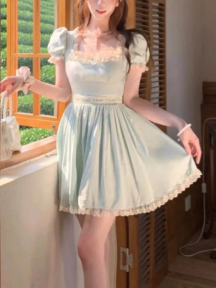 Advbridge Blue Lace France Elegant Dress Women Puff Sleeve Evening Party Mini Dress Female Japanese Bow Sweet Kawaii Dress Summer New