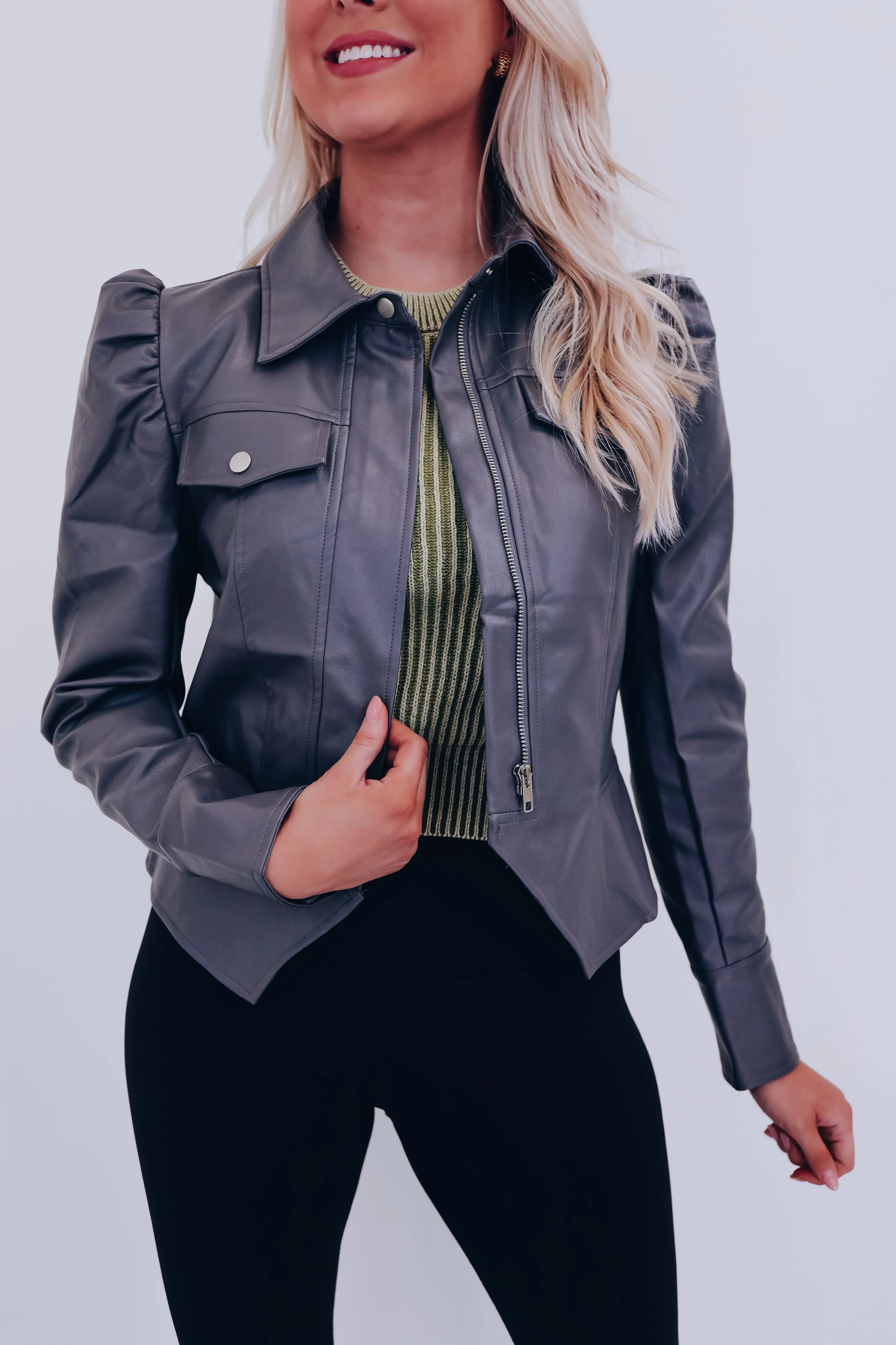 Ariana Cropped Faux Leather Jacket - Grey