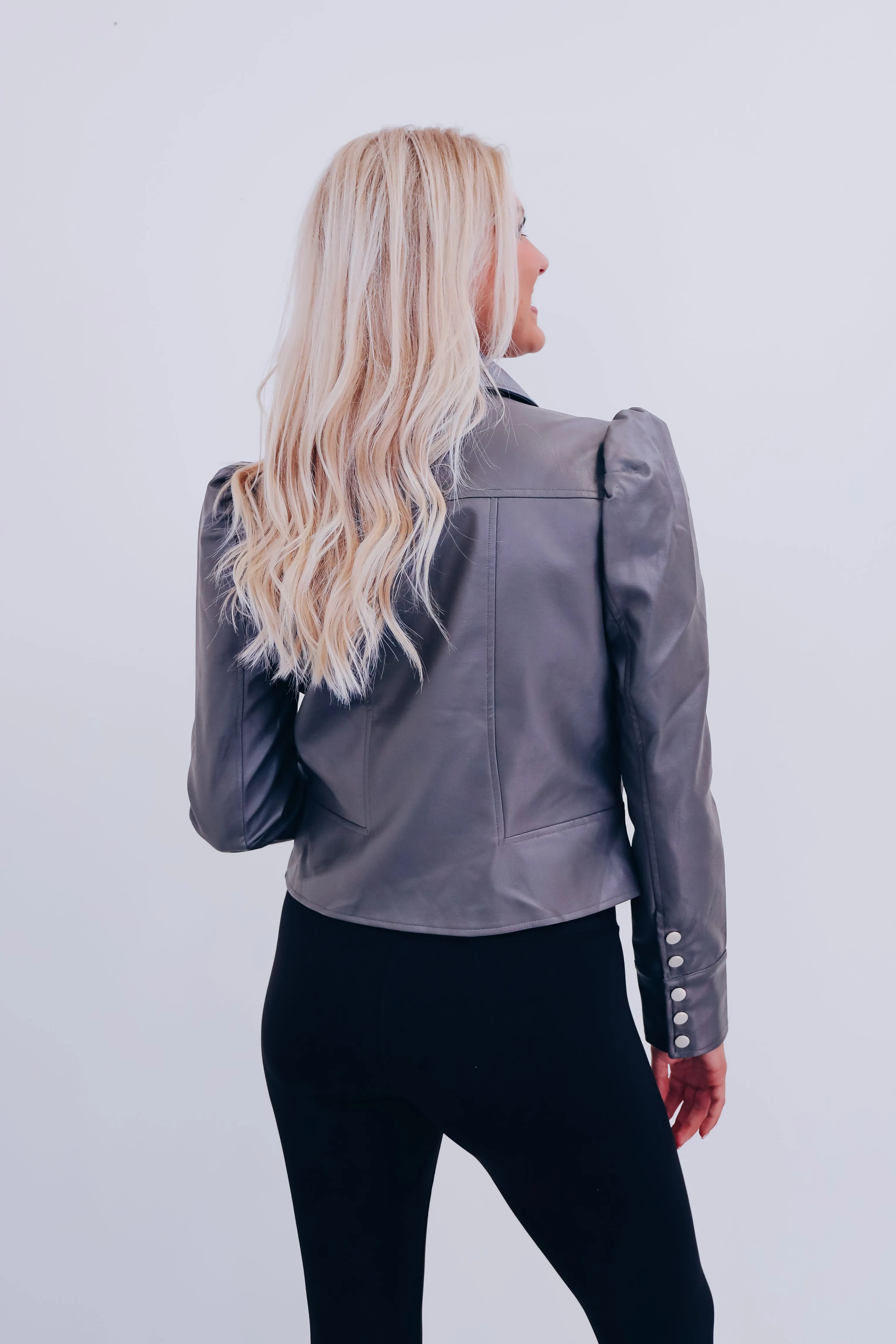 Ariana Cropped Faux Leather Jacket - Grey