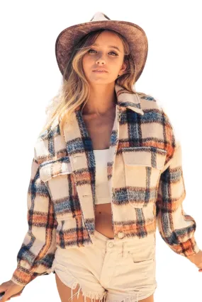 BiBi Brushed Plaid Crop Jacket with Pockets in Fall Colors