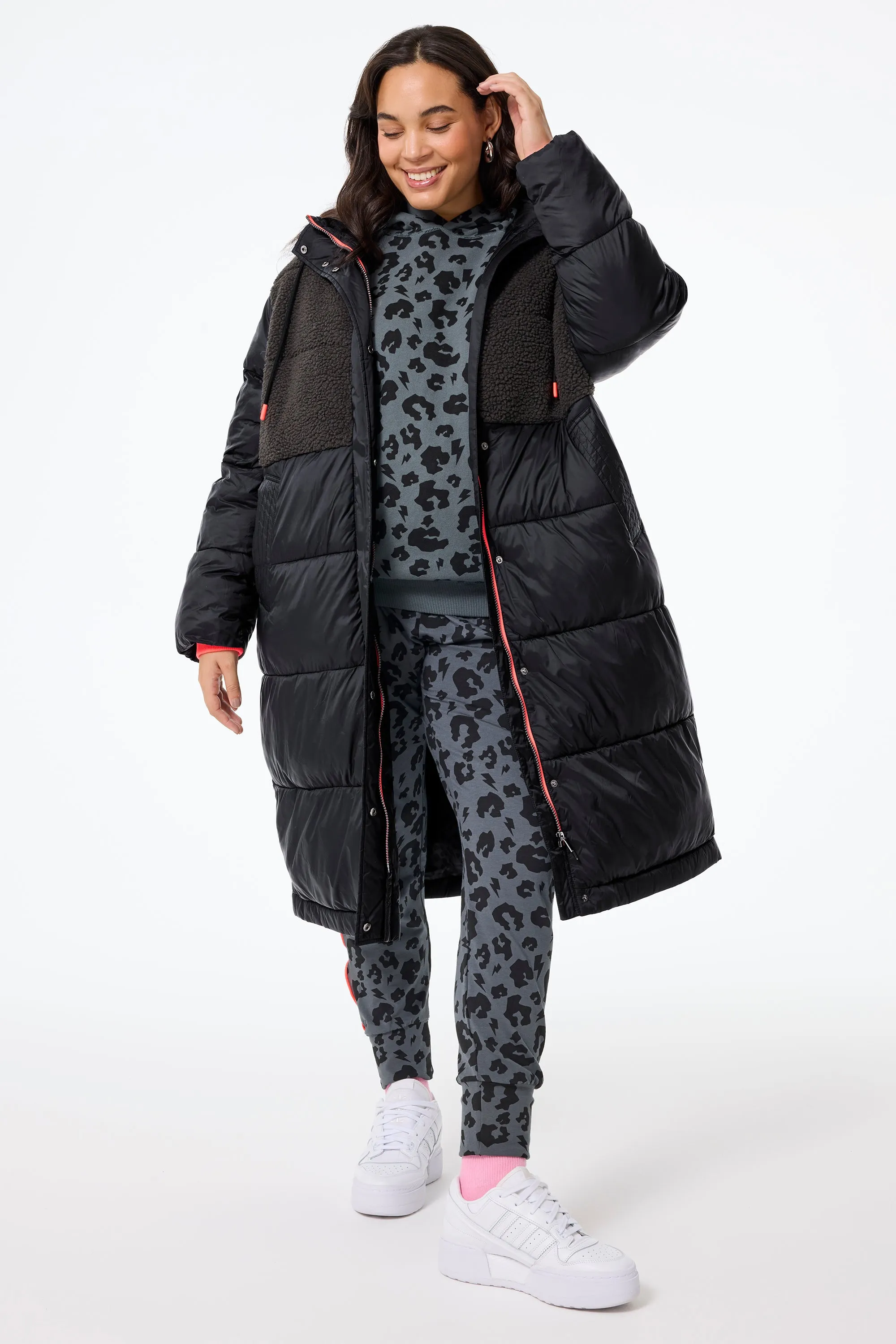 Black Quilted with Borg Longline Puffer Coat