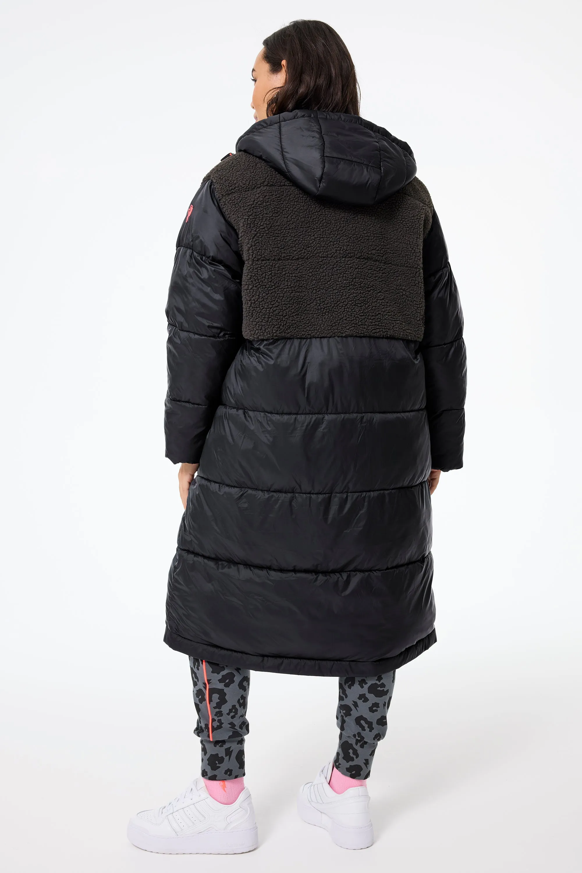 Black Quilted with Borg Longline Puffer Coat