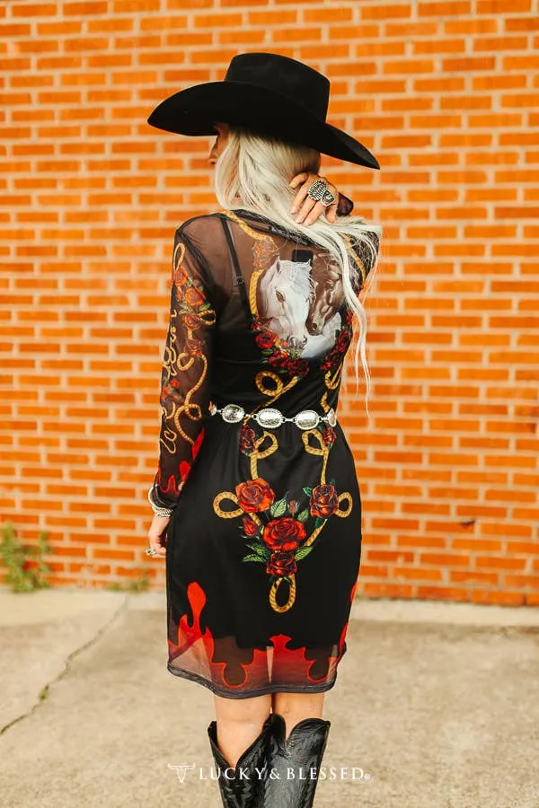 Black Rose Horse Printed Mesh Dress with Layering Piece