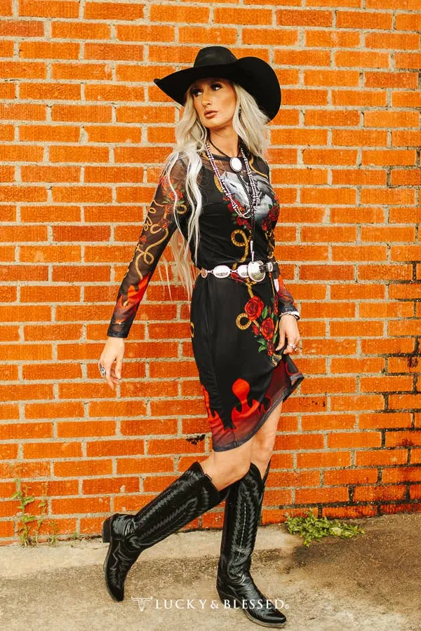 Black Rose Horse Printed Mesh Dress with Layering Piece