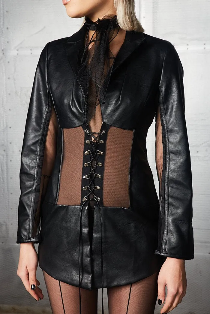 Black Vegan Leather Corset Blazer With Mesh Detail