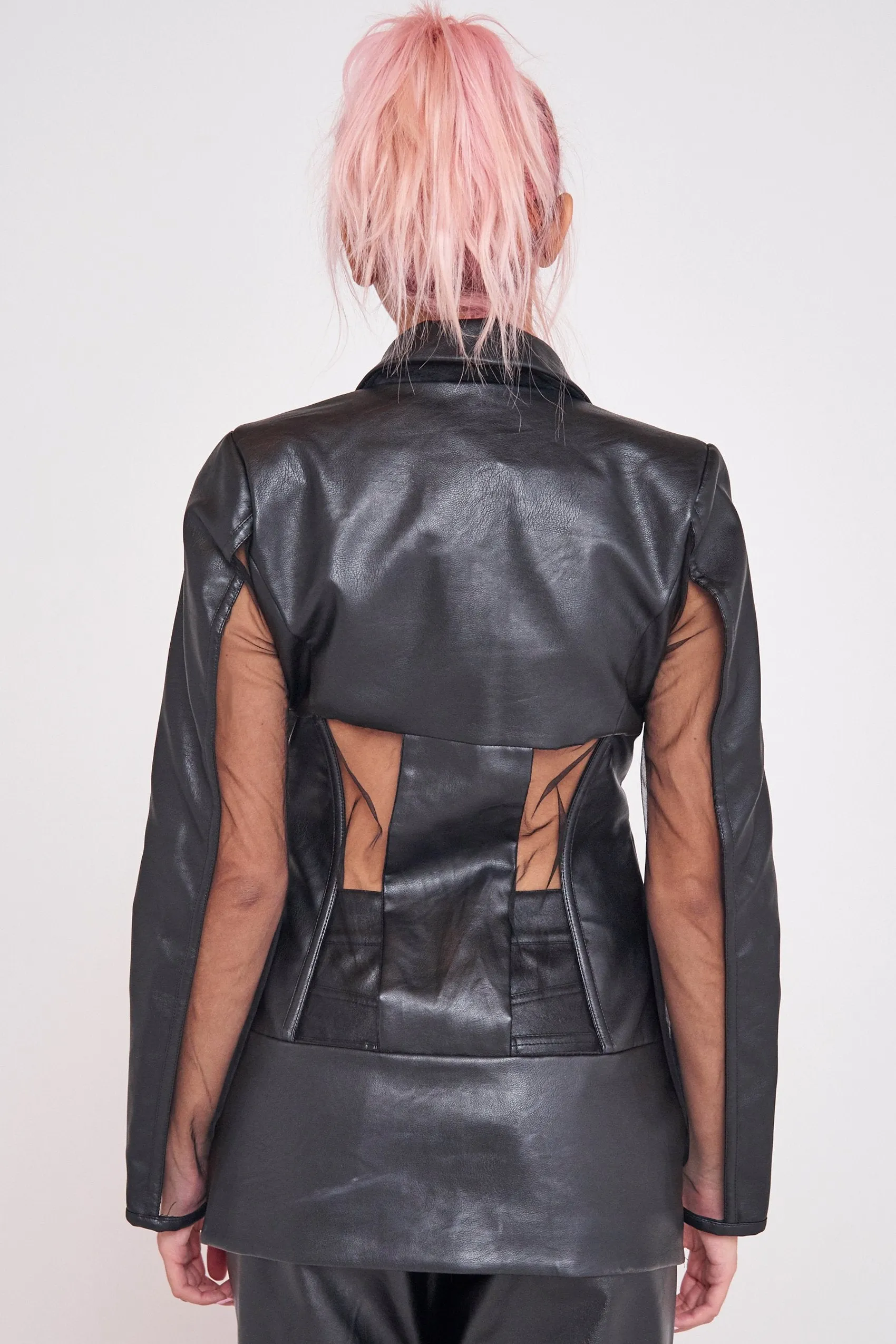 Black Vegan Leather Corset Blazer With Mesh Detail