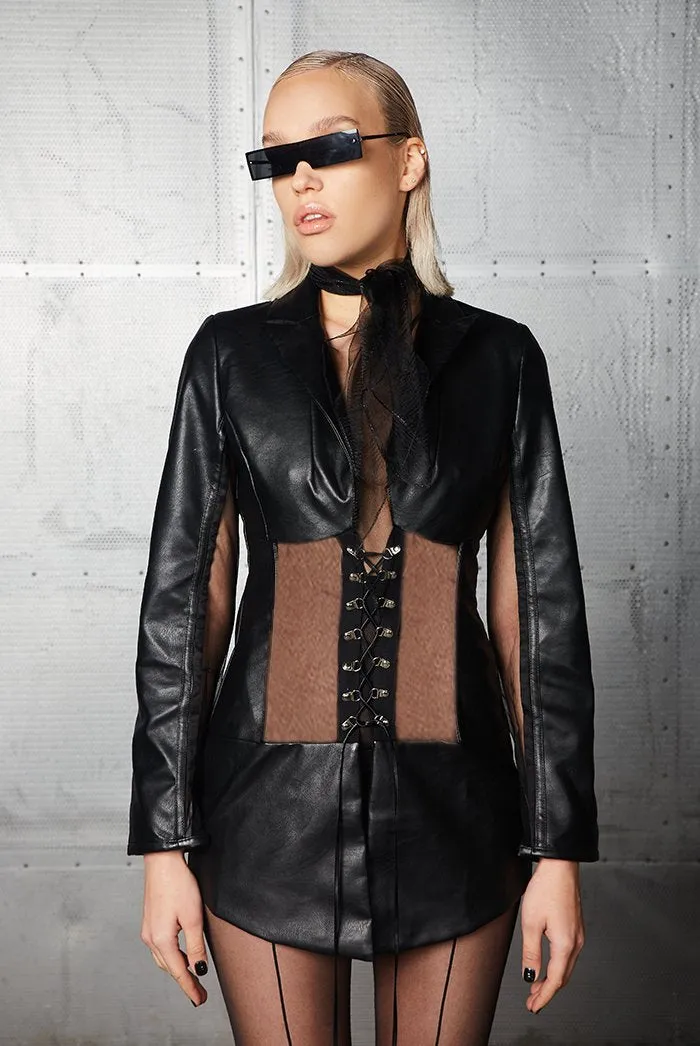 Black Vegan Leather Corset Blazer With Mesh Detail