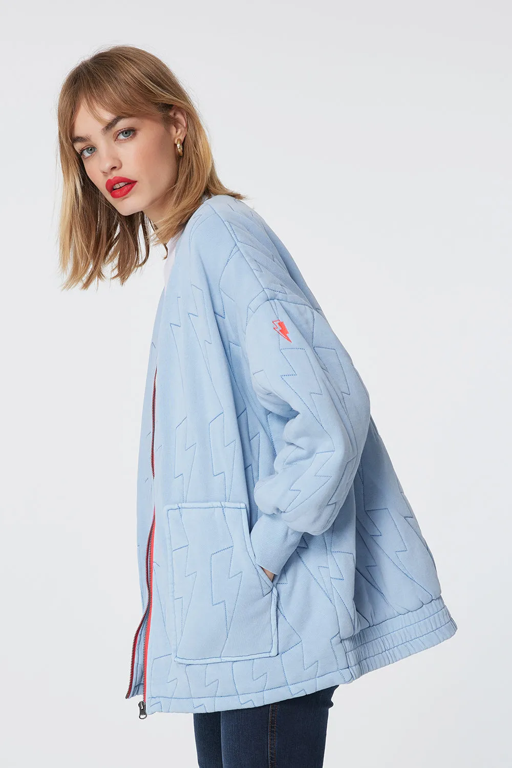 Blue Organic Cotton Quilted Lightning Bolt Oversized Bomber Jacket