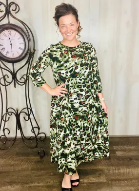 Brenda Olive Animal Print & Buttons Dress