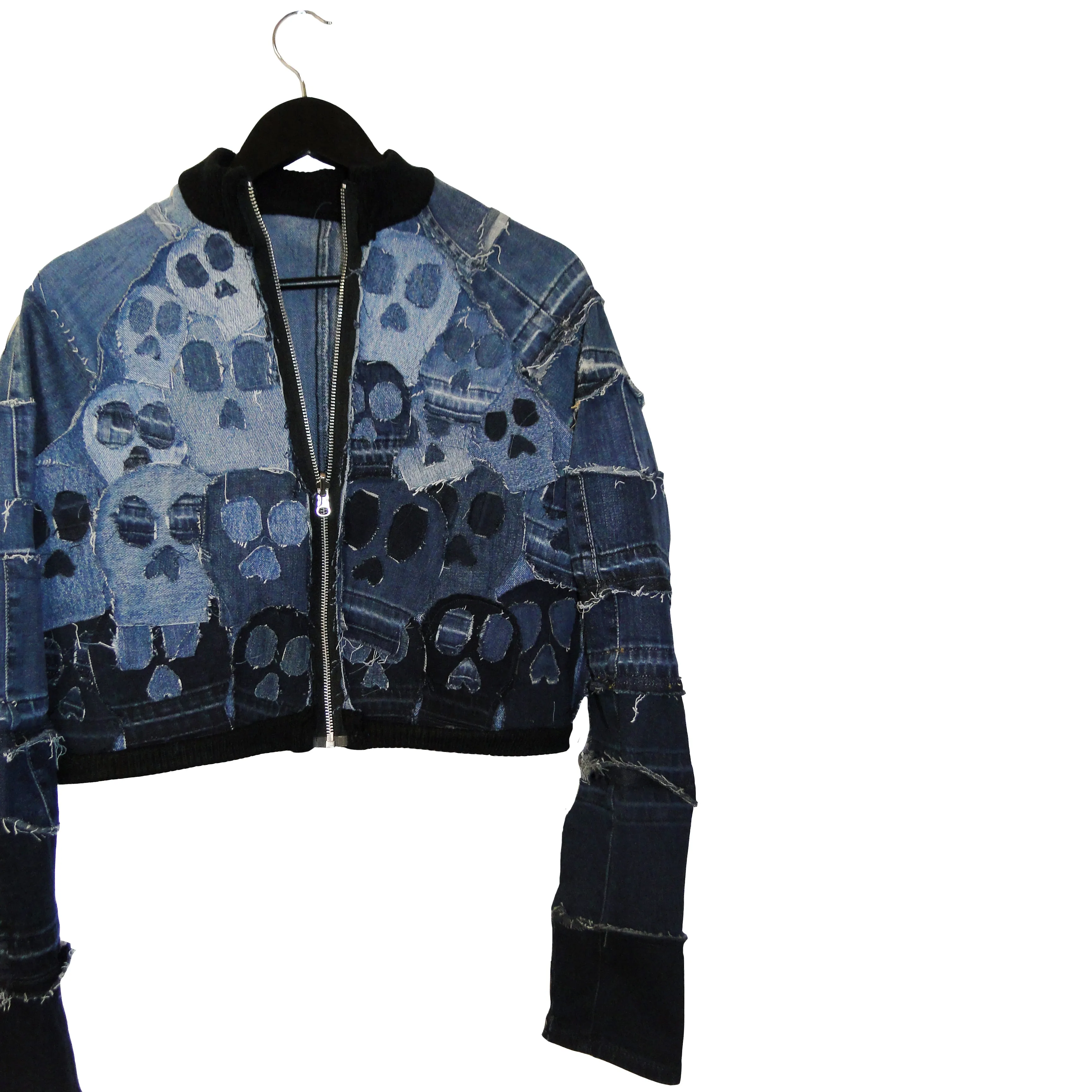 Calling All Skeletons - Upcycled denim bomber jacket