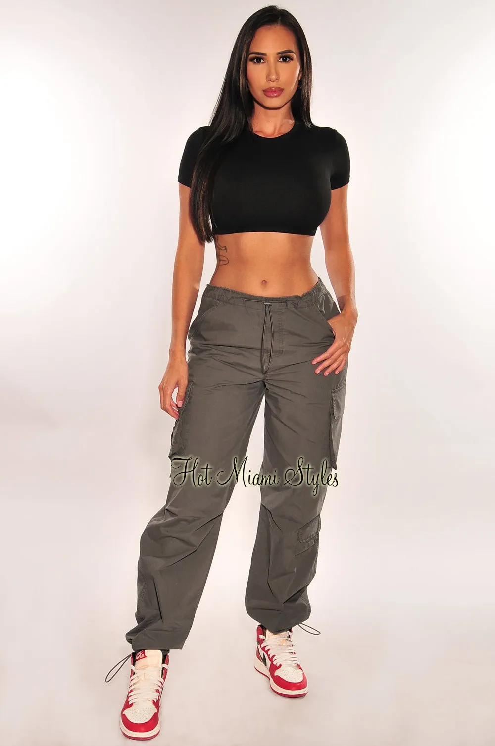 Charcoal High Waist Drawstring Cargo Parachute Pants