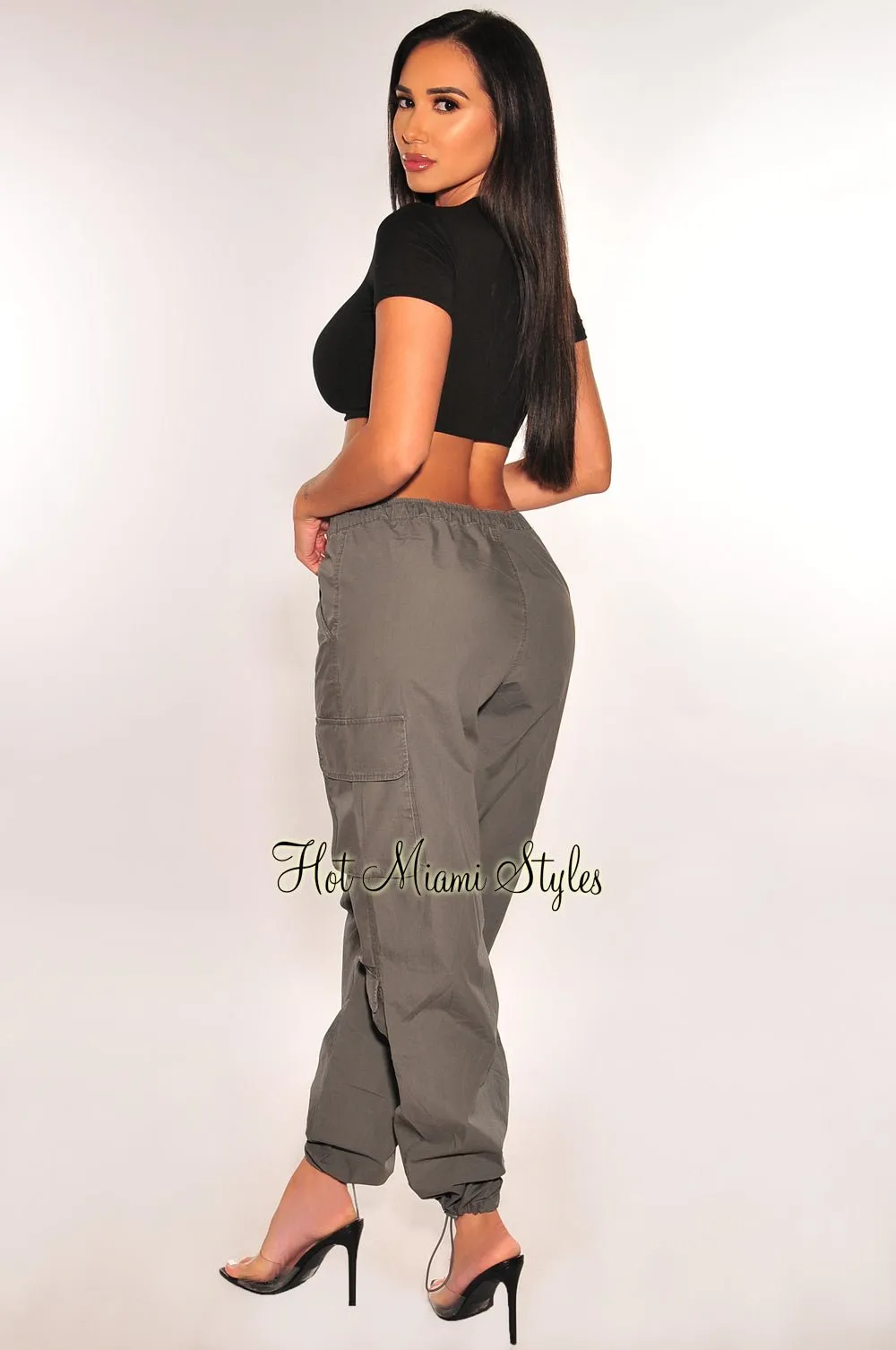 Charcoal High Waist Drawstring Cargo Parachute Pants