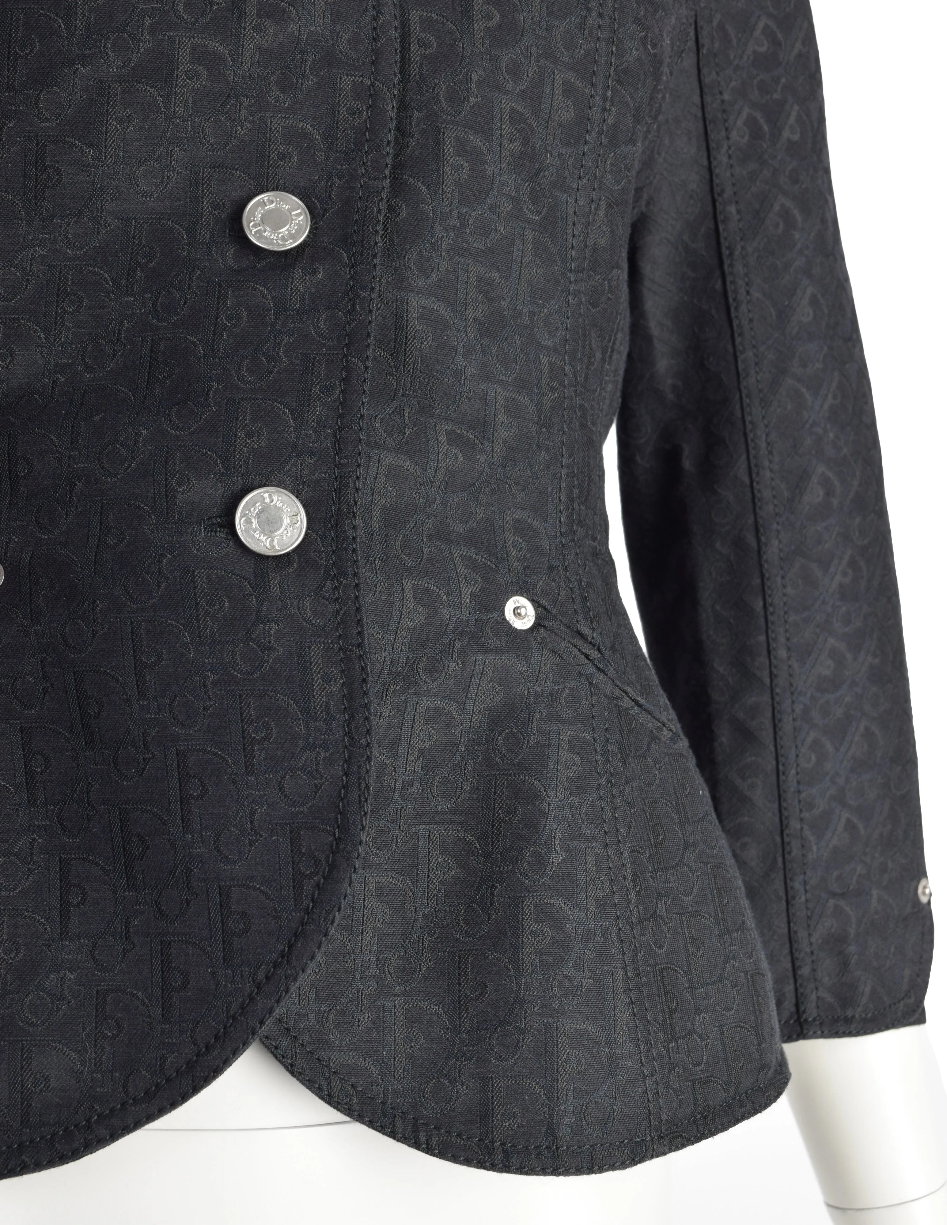 Christian Dior Vintage SS 2005 by John Galliano Black Tonal Oblique Monogram Jacquard Padded Hip Bar Jacket