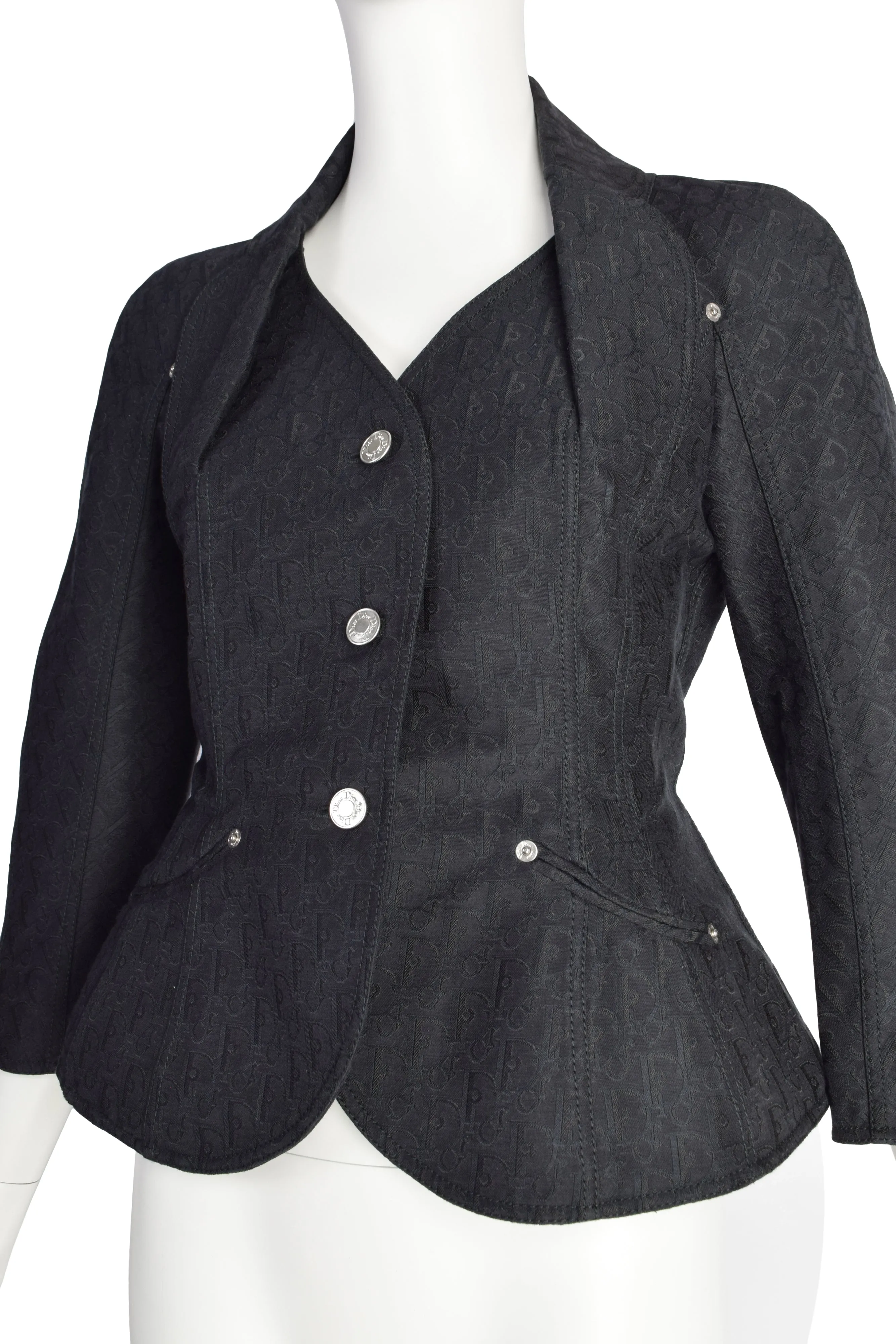 Christian Dior Vintage SS 2005 by John Galliano Black Tonal Oblique Monogram Jacquard Padded Hip Bar Jacket