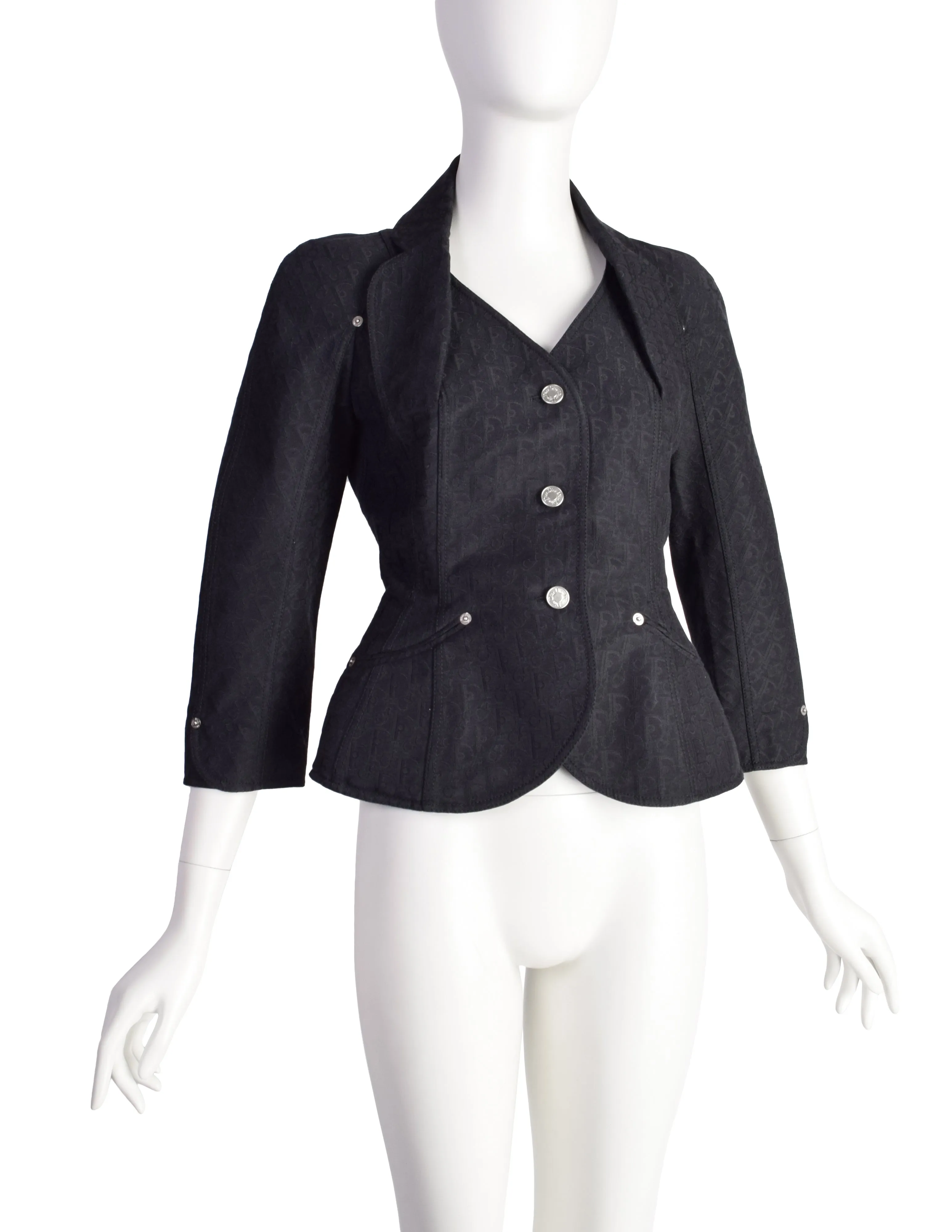 Christian Dior Vintage SS 2005 by John Galliano Black Tonal Oblique Monogram Jacquard Padded Hip Bar Jacket