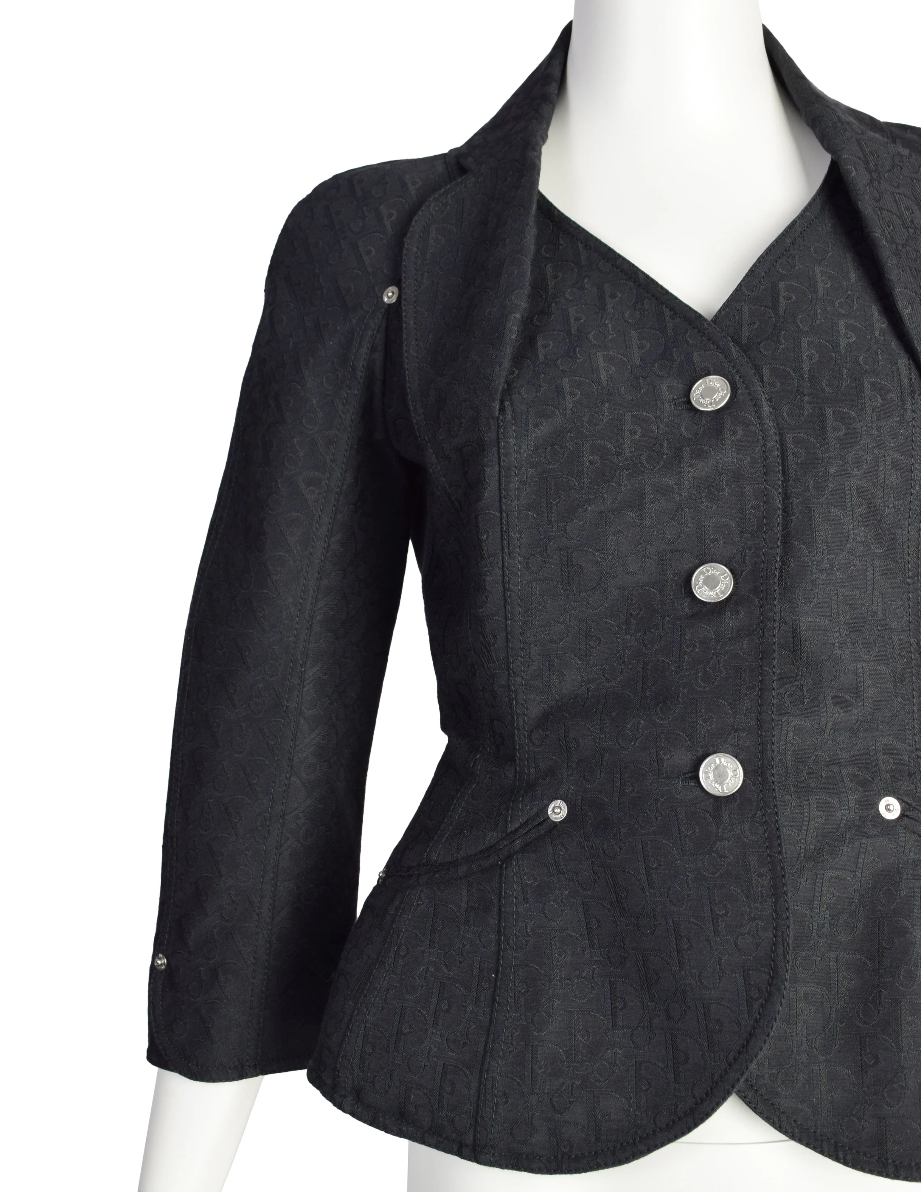 Christian Dior Vintage SS 2005 by John Galliano Black Tonal Oblique Monogram Jacquard Padded Hip Bar Jacket