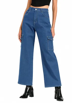 Classic Blue Women's Cargo Denim Relaxed Fit Y2K Wide Leg Pants