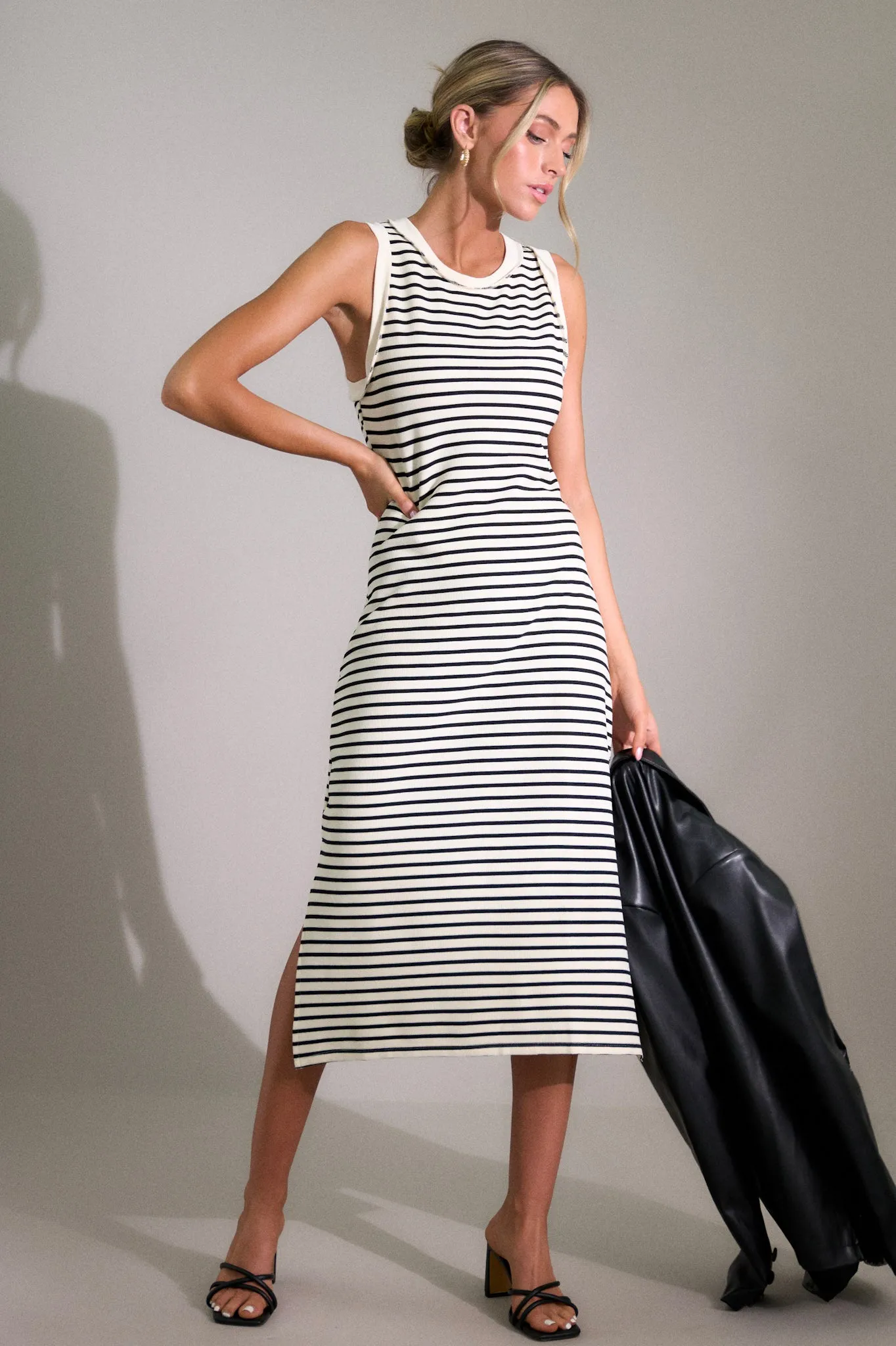 Classic Contrast Ivory Stripe Midi Dress