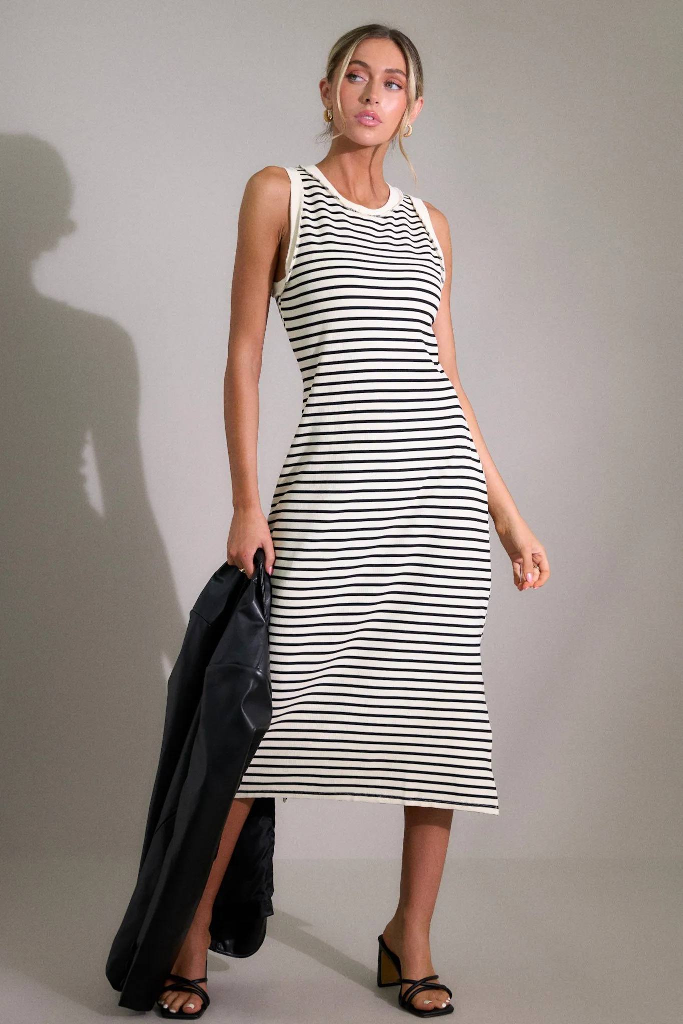 Classic Contrast Ivory Stripe Midi Dress