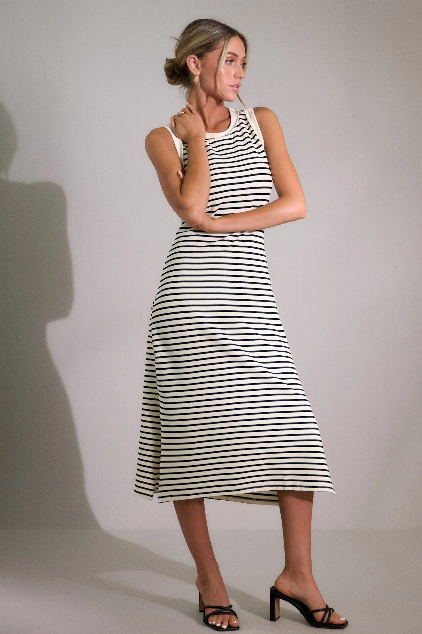 Classic Contrast Ivory Stripe Midi Dress