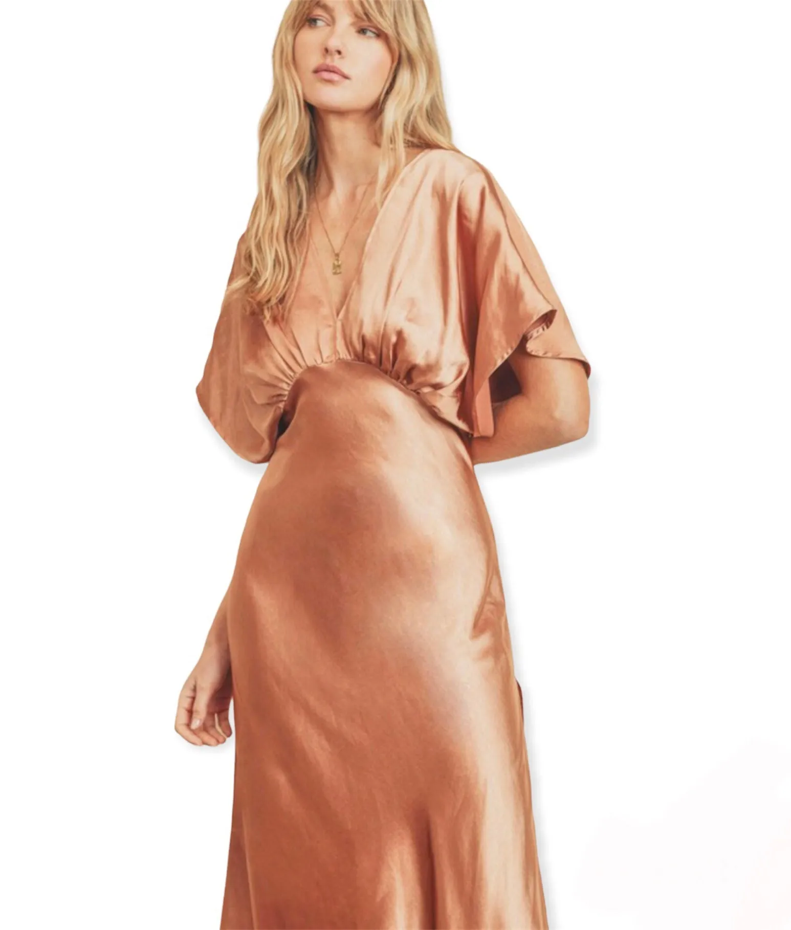 Classic Elegant Rose Gold Satin Maxi Dress