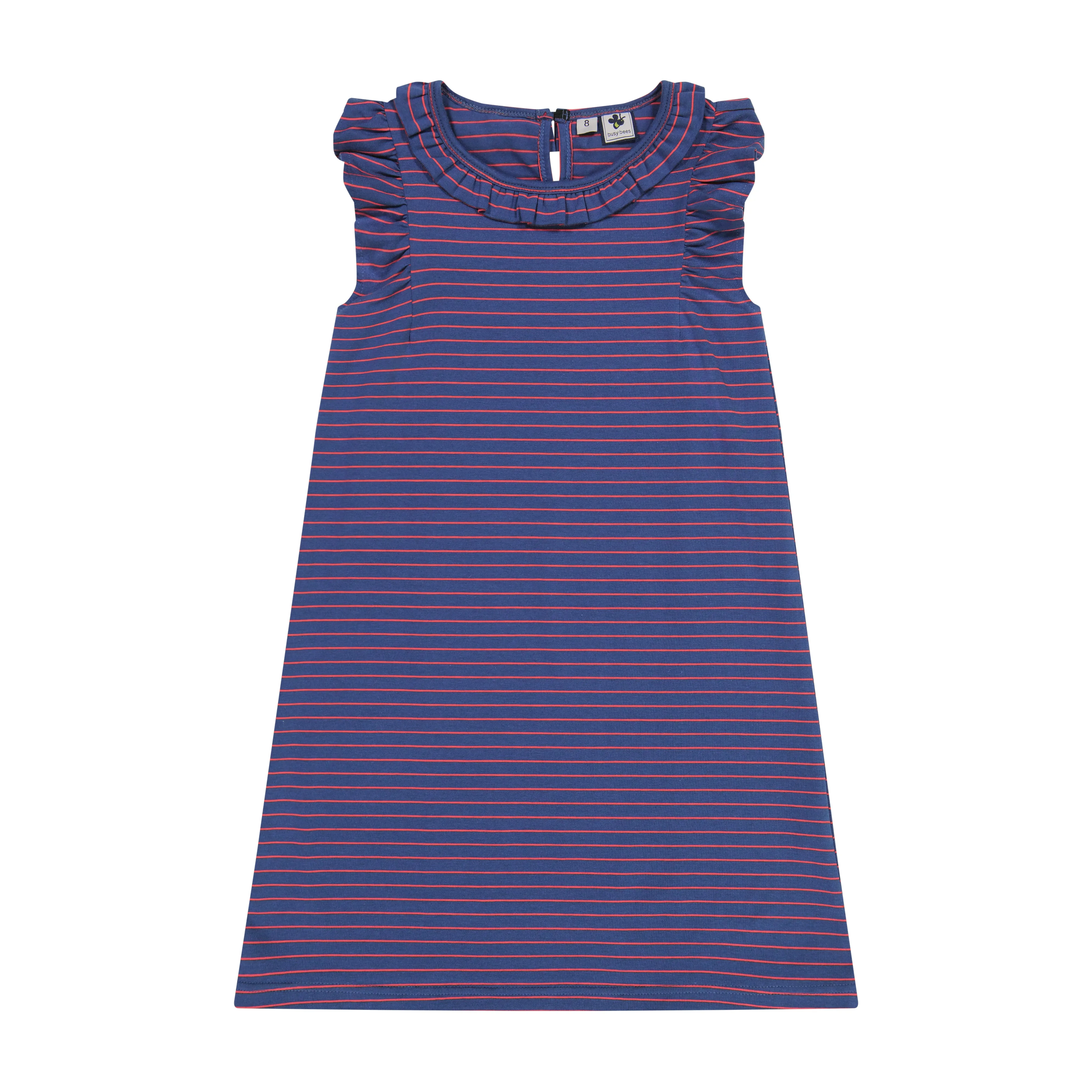 Colette Ruffle Dress Navy Red Mini Stripe