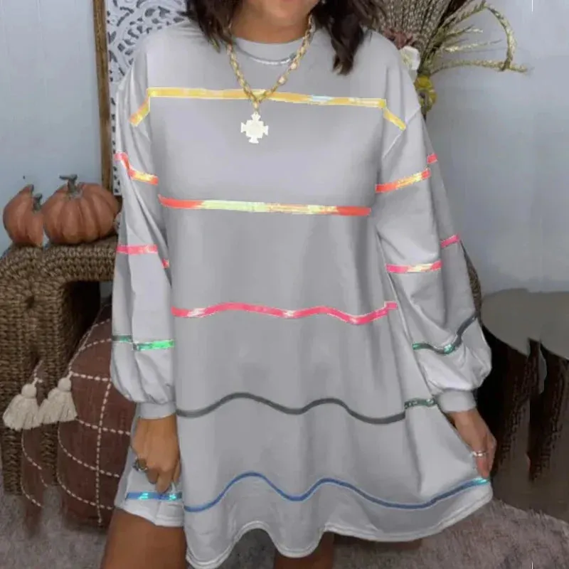 Colorful Striped Loose A-Line Dress Spring Casual Long Sleeve Ruffles Mini Elegant Female Dress