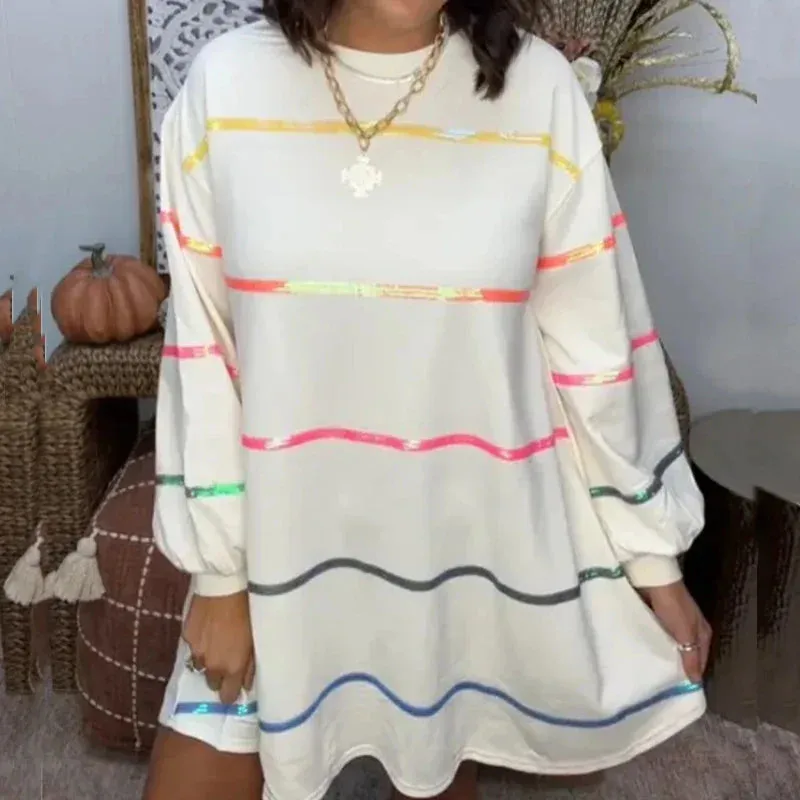 Colorful Striped Loose A-Line Dress Spring Casual Long Sleeve Ruffles Mini Elegant Female Dress