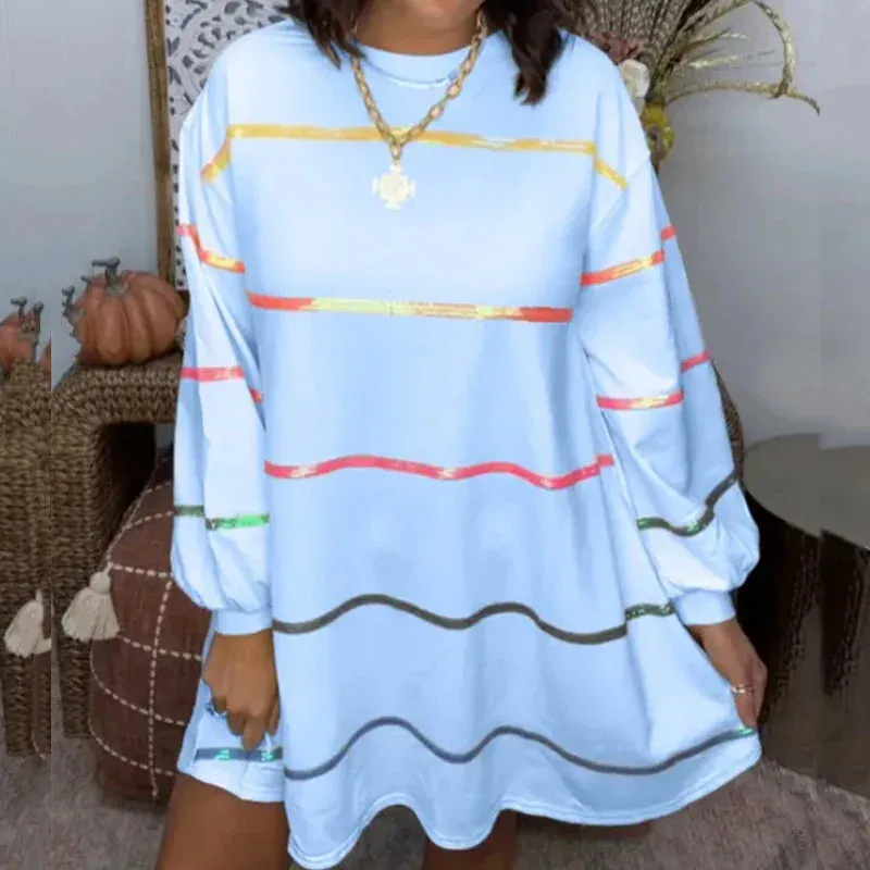 Colorful Striped Loose A-Line Dress Spring Casual Long Sleeve Ruffles Mini Elegant Female Dress