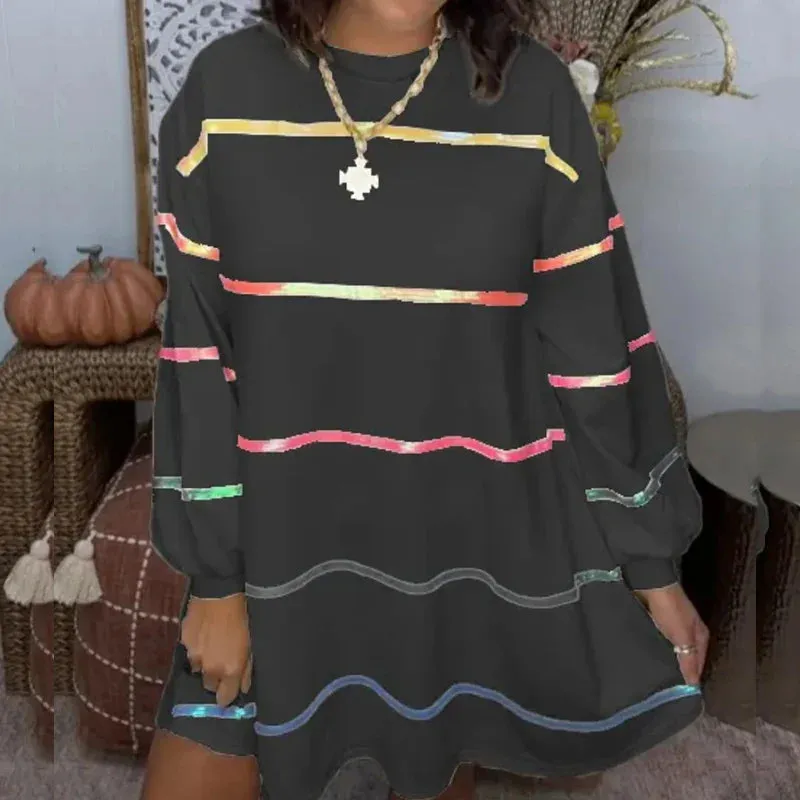 Colorful Striped Loose A-Line Dress Spring Casual Long Sleeve Ruffles Mini Elegant Female Dress