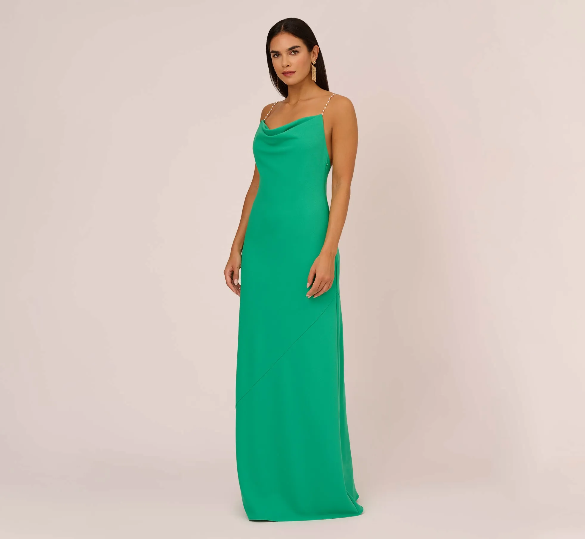 Cowl Neck Crepe Column Gown With Pearl Straps In Summer Green