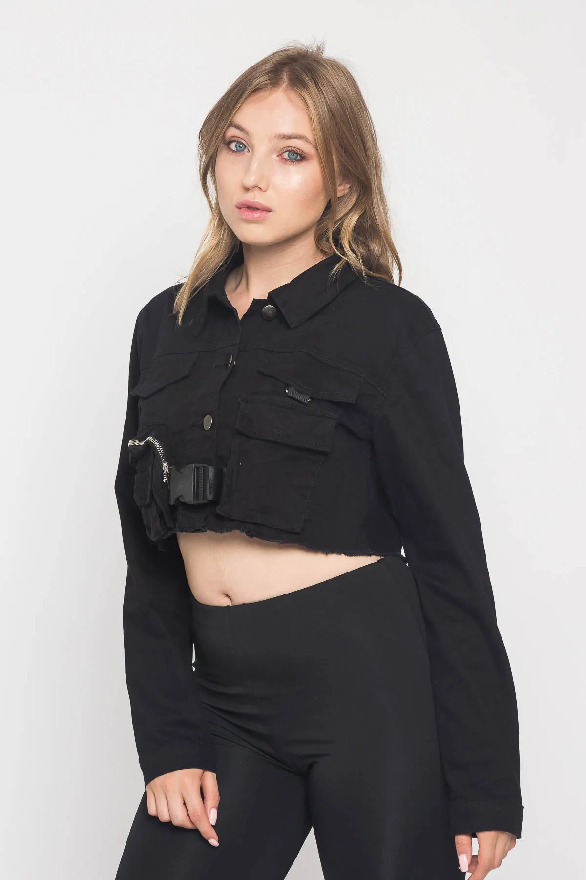 Cropped Military Style Pocket Shirt Jacket