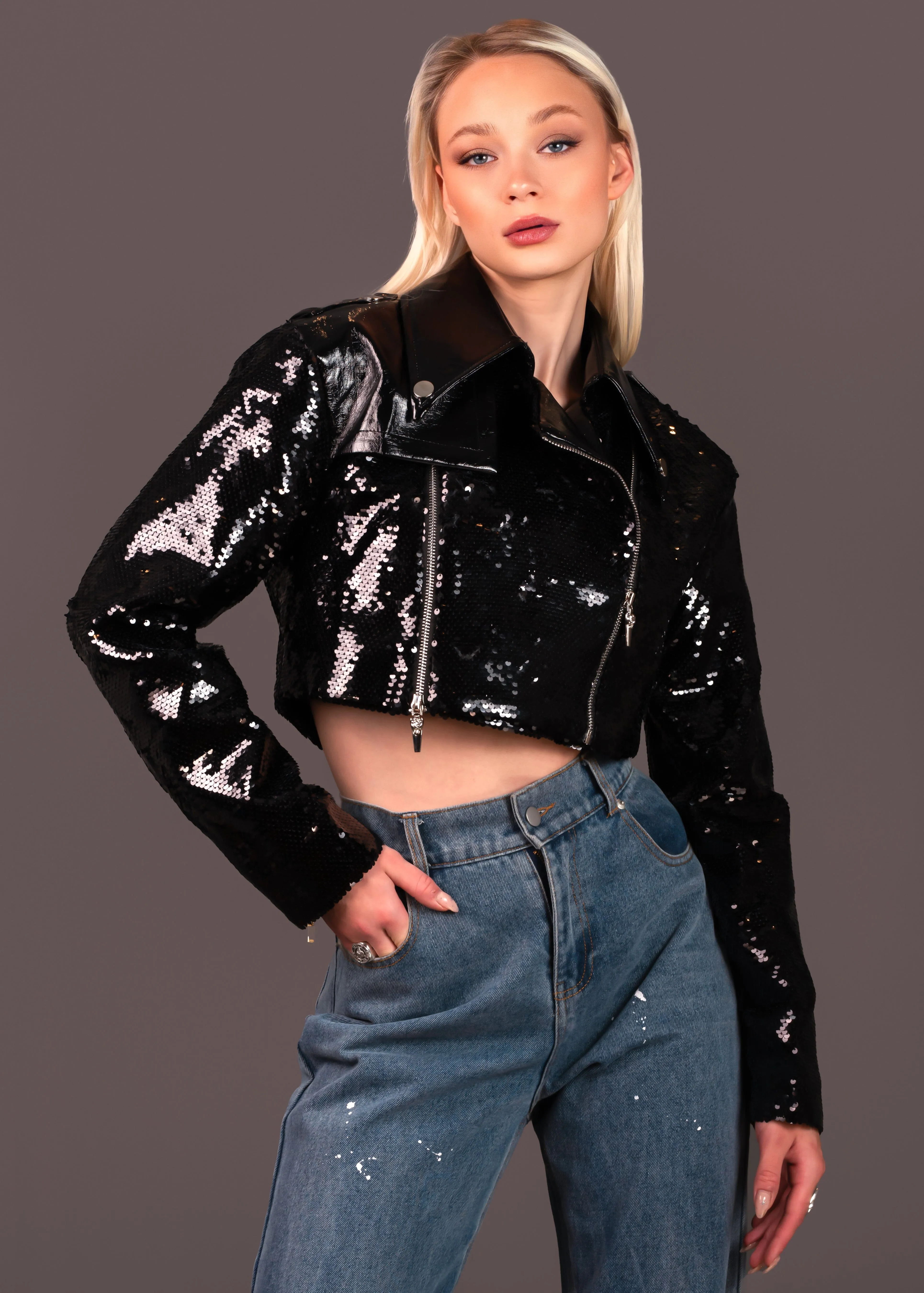 Cropped Patent Sequin Jacket