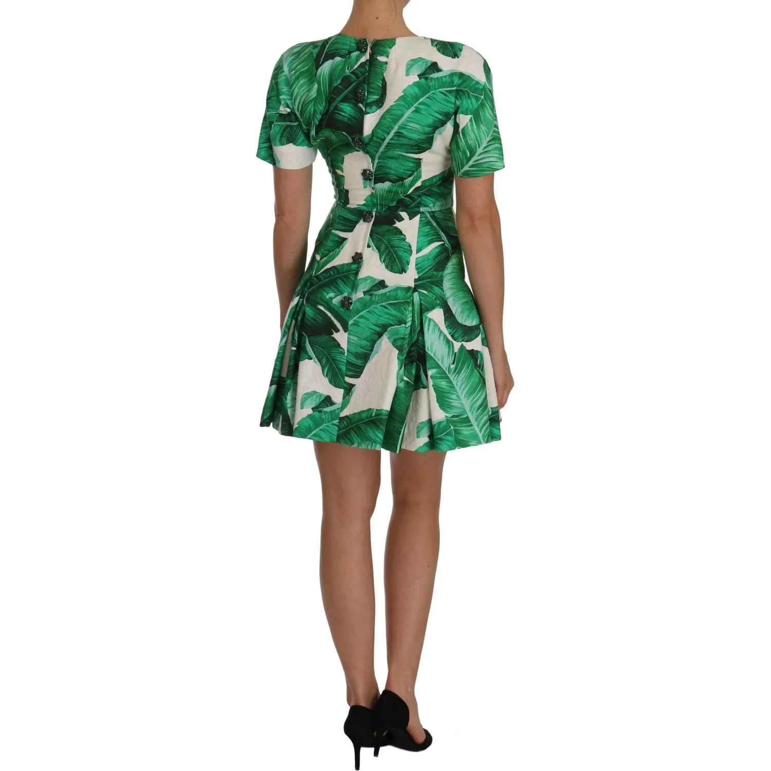 Dolce & Gabbana Elegant Green Banana Leaf Print A-Line Dress