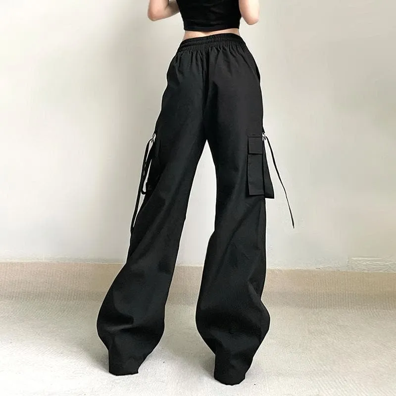 Drawstring solid cargo pocket wide leg pant