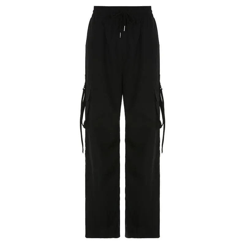 Drawstring solid cargo pocket wide leg pant