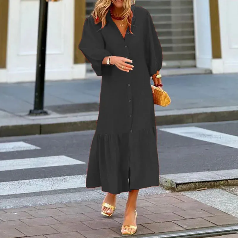 Elegant Lantern Sleeve Slit Office Long Dress Casual Women Solid Ruffles Elegant Lady Dress