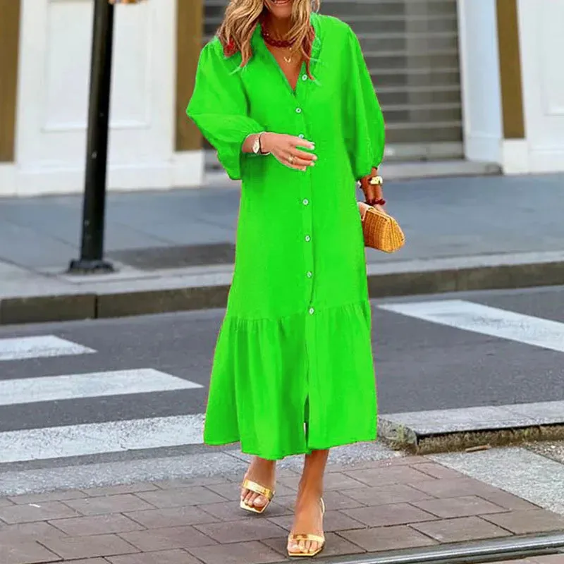 Elegant Lantern Sleeve Slit Office Long Dress Casual Women Solid Ruffles Elegant Lady Dress