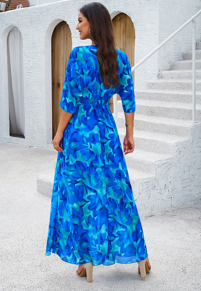 Elegant Printed Cinched Waist Maxi Dress