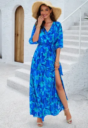 Elegant Printed Cinched Waist Maxi Dress