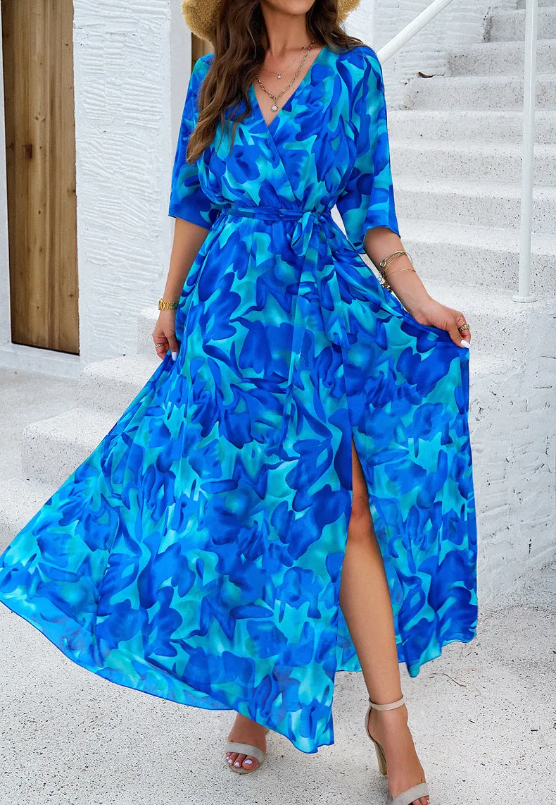 Elegant Printed Cinched Waist Maxi Dress