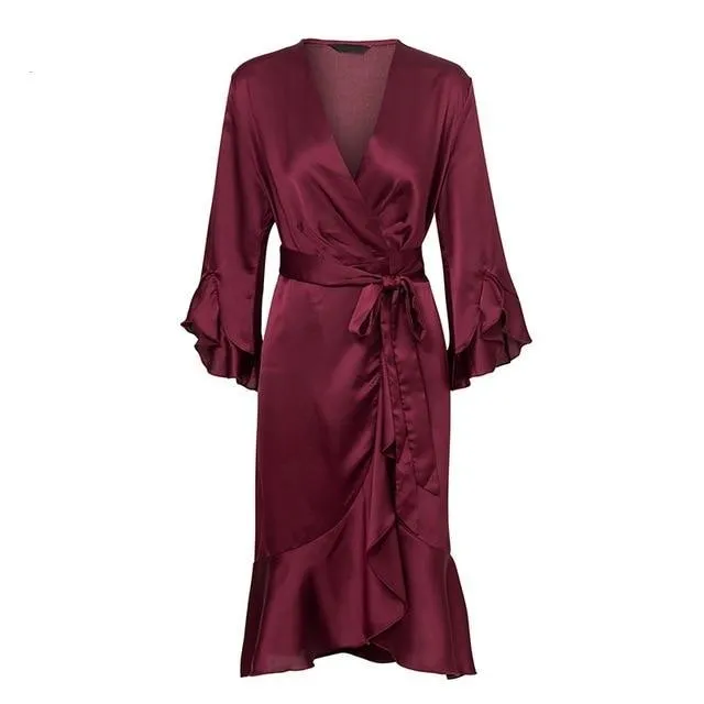 Elegant Satin Ruffle Flare Sleeve Wrap Dress