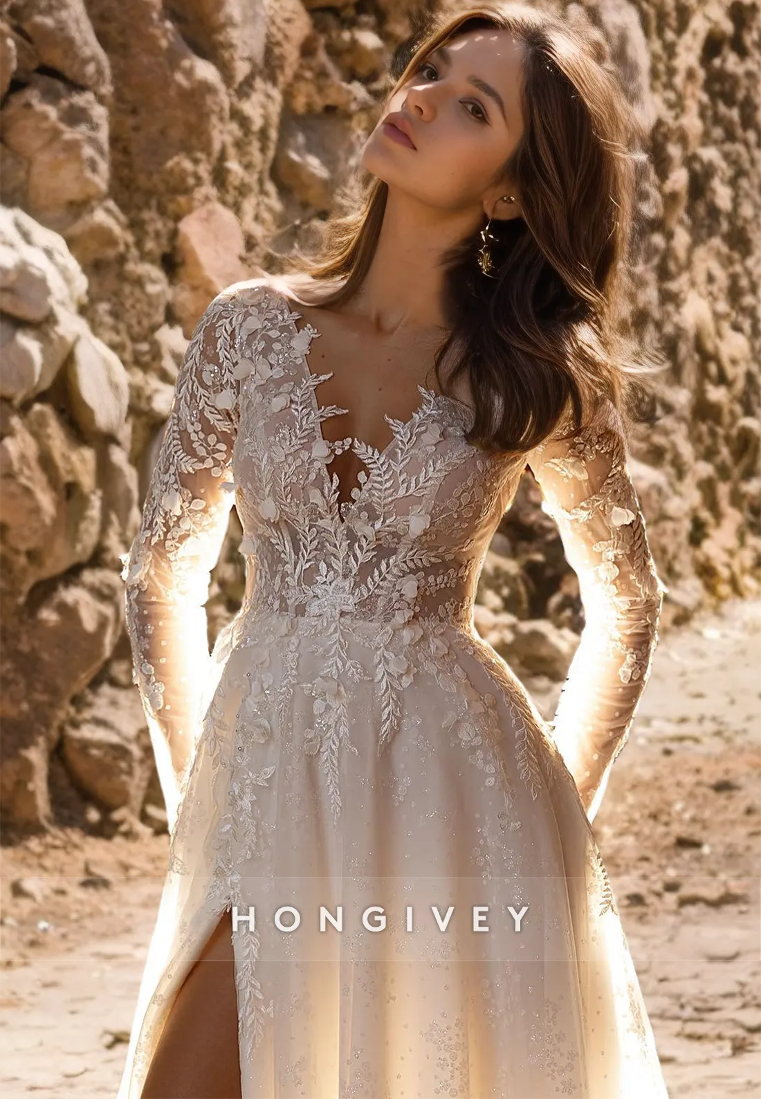 Elegant V-Neck Long Sleeve A-Line Appliques With Side Slit Wedding Dress