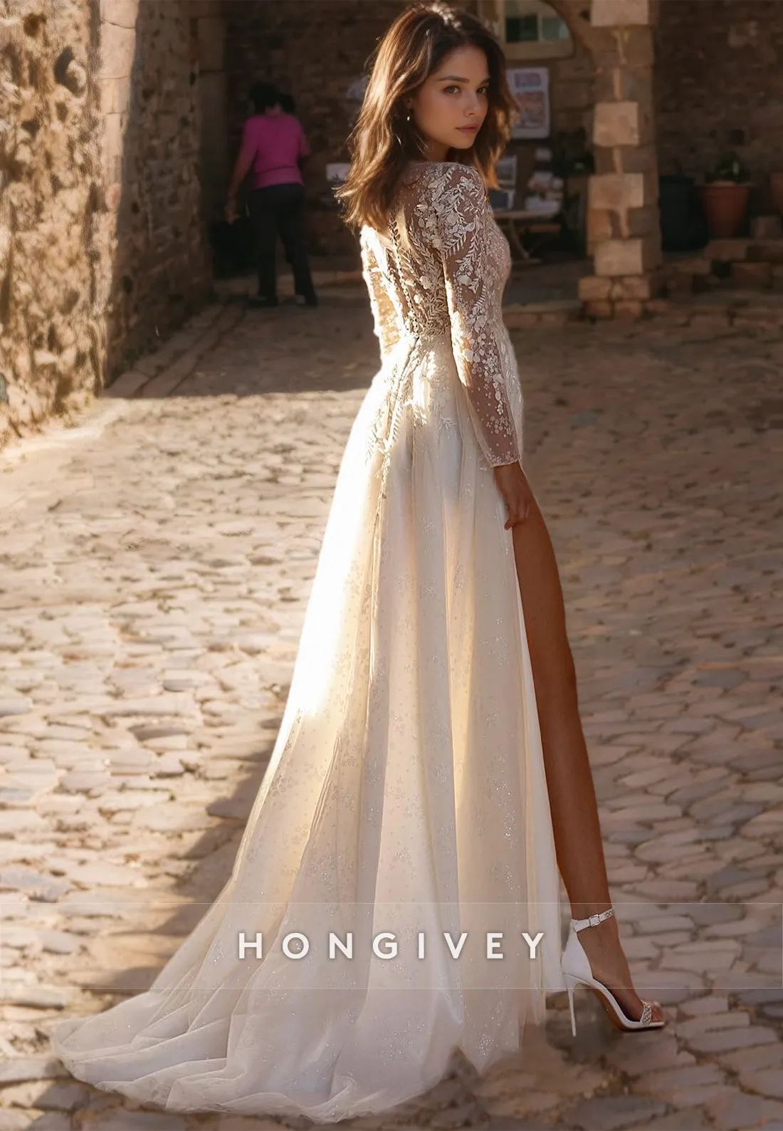 Elegant V-Neck Long Sleeve A-Line Appliques With Side Slit Wedding Dress