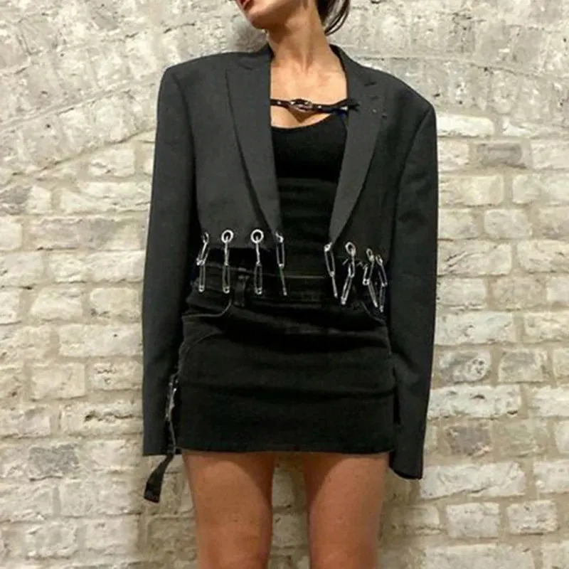 Fashion Design Black Blazer Jacket Cropped Cardigan Elegant Eyelet Pins Autumn Coat Female Punk Grunge Chic Jackets